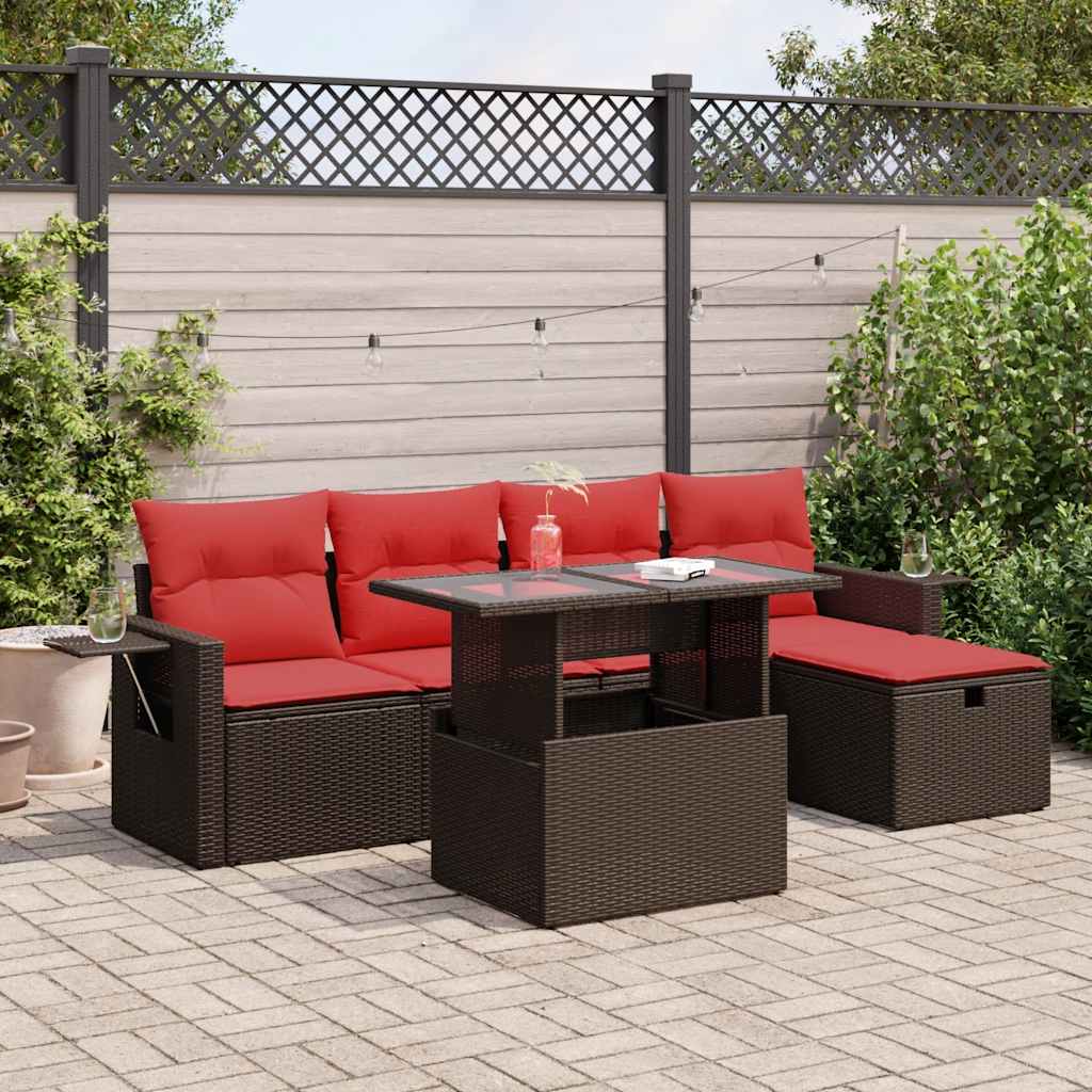 6-tlg. Garten-Sofagarnitur mit Kissen Braun Poly Rattan