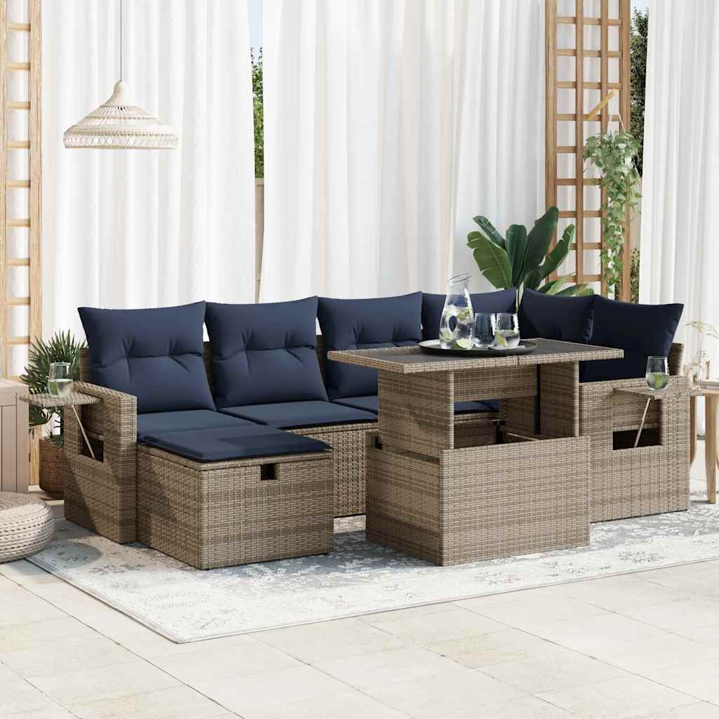 7-tlg. Garten-Sofagarnitur mit Kissen Grau Poly Rattan Akazie