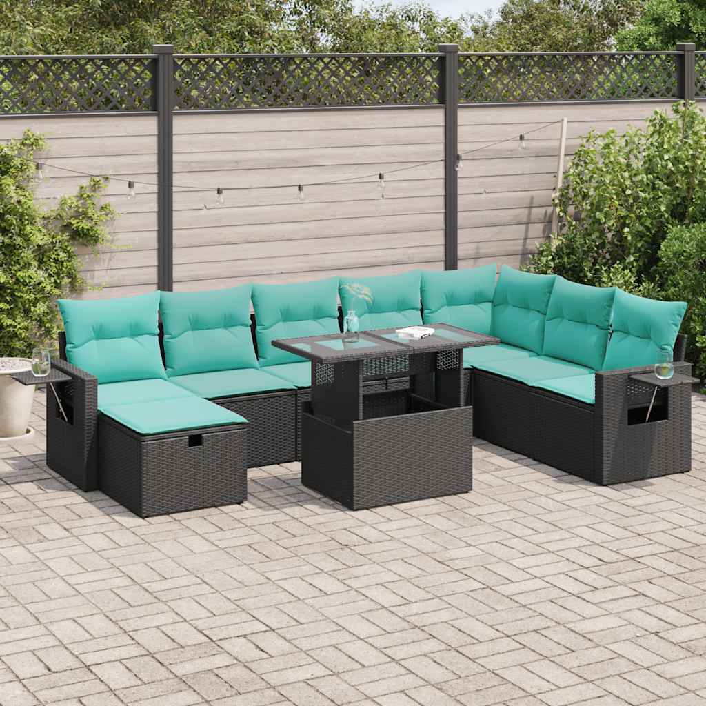 9-tlg. Garten-Sofagarnitur mit Kissen Grau Poly Rattan Akazie