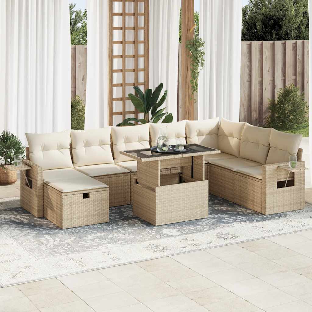 9-tlg. Garten-Sofagarnitur mit Kissen Beige Poly Rattan
