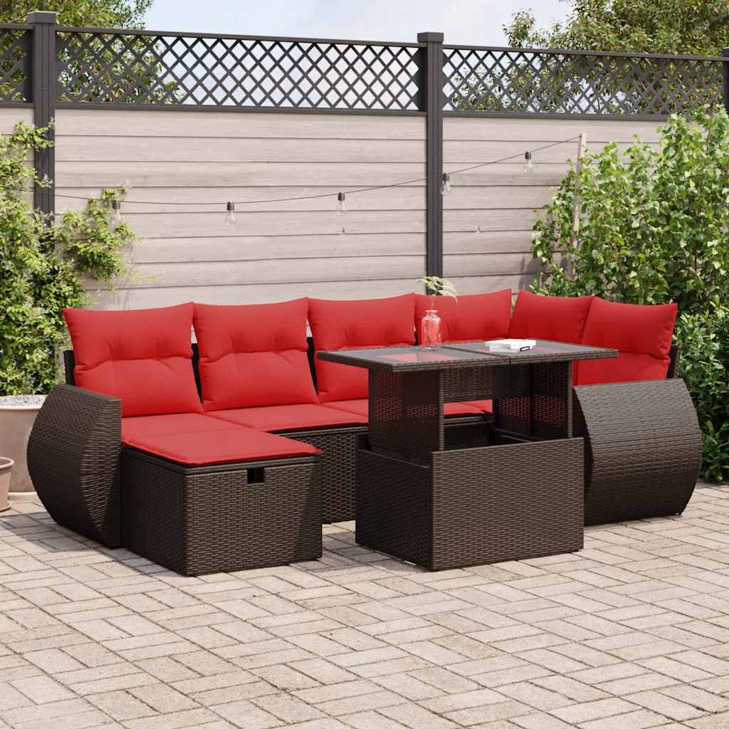 7-tlg. Garten-Sofagarnitur mit Kissen Braun Poly Rattan