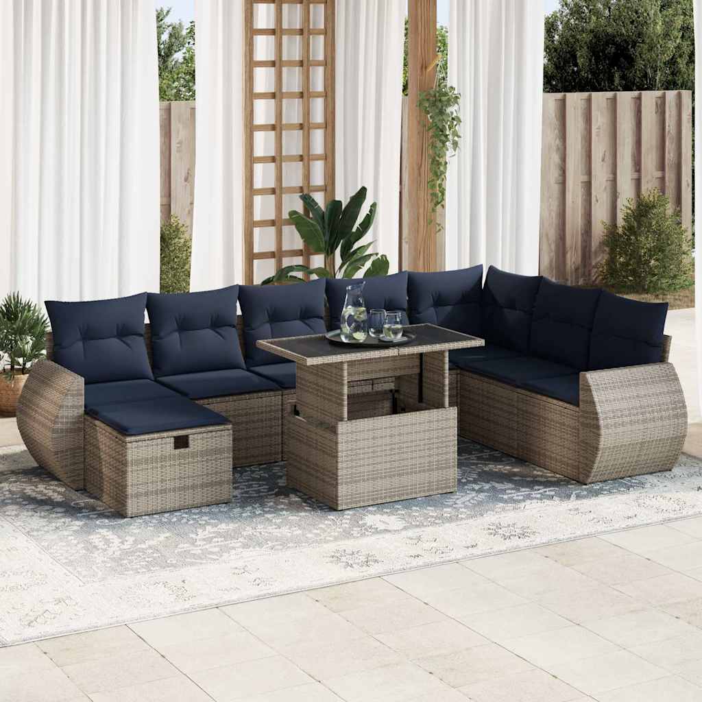 9-tlg. Garten-Sofagarnitur mit Kissen Braun Poly Rattan Akazie