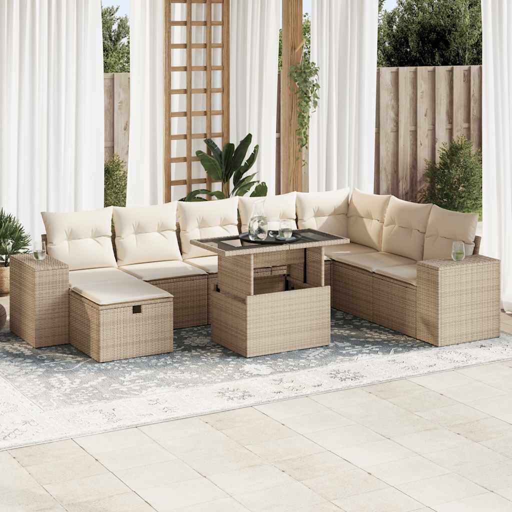 9-tlg. Garten-Sofagarnitur mit Kissen Beige Poly Rattan