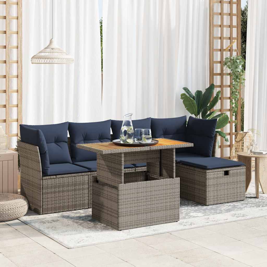 6-tlg. Garten-Sofagarnitur mit Kissen Grau Poly Rattan Akazie