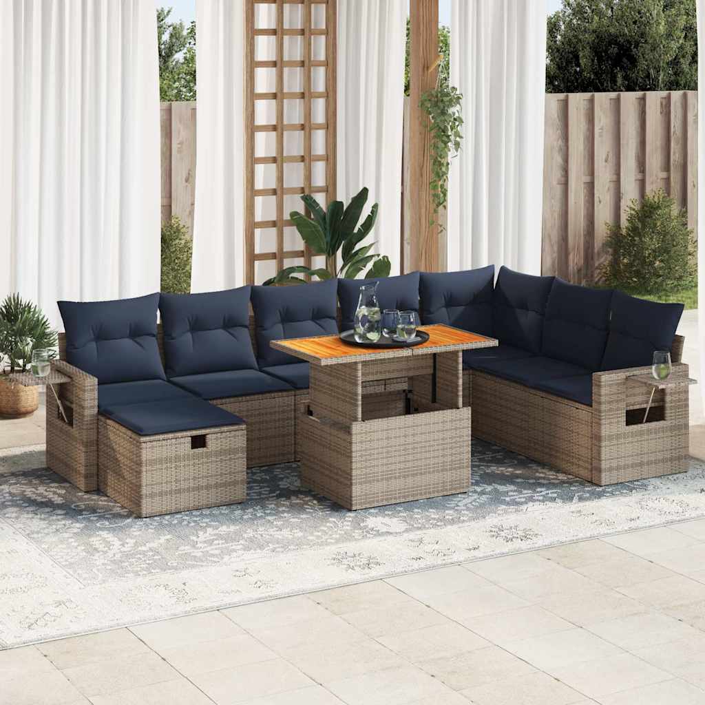 9-tlg. Garten-Sofagarnitur mit Kissen Grau Poly Rattan Akazie