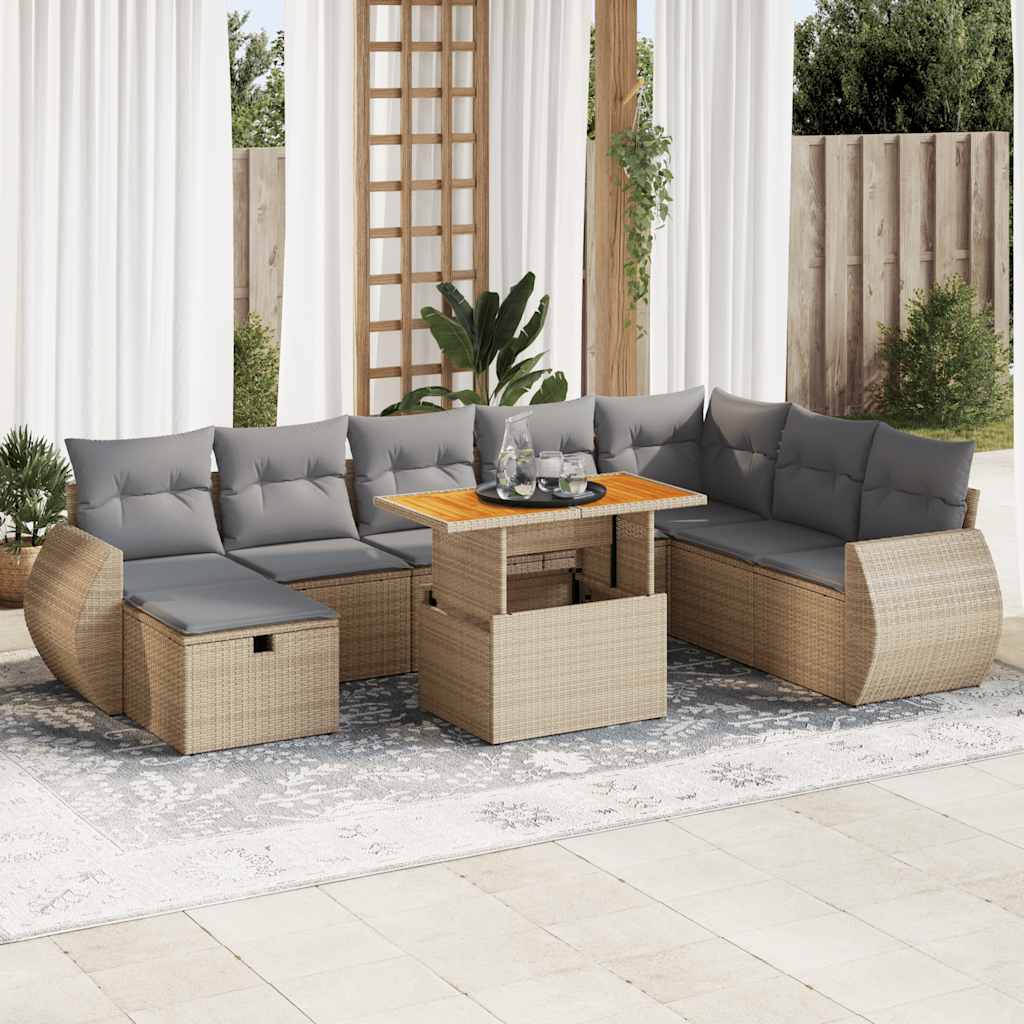 9-tlg. Garten-Sofagarnitur mit Kissen Beige Poly Rattan Akazie