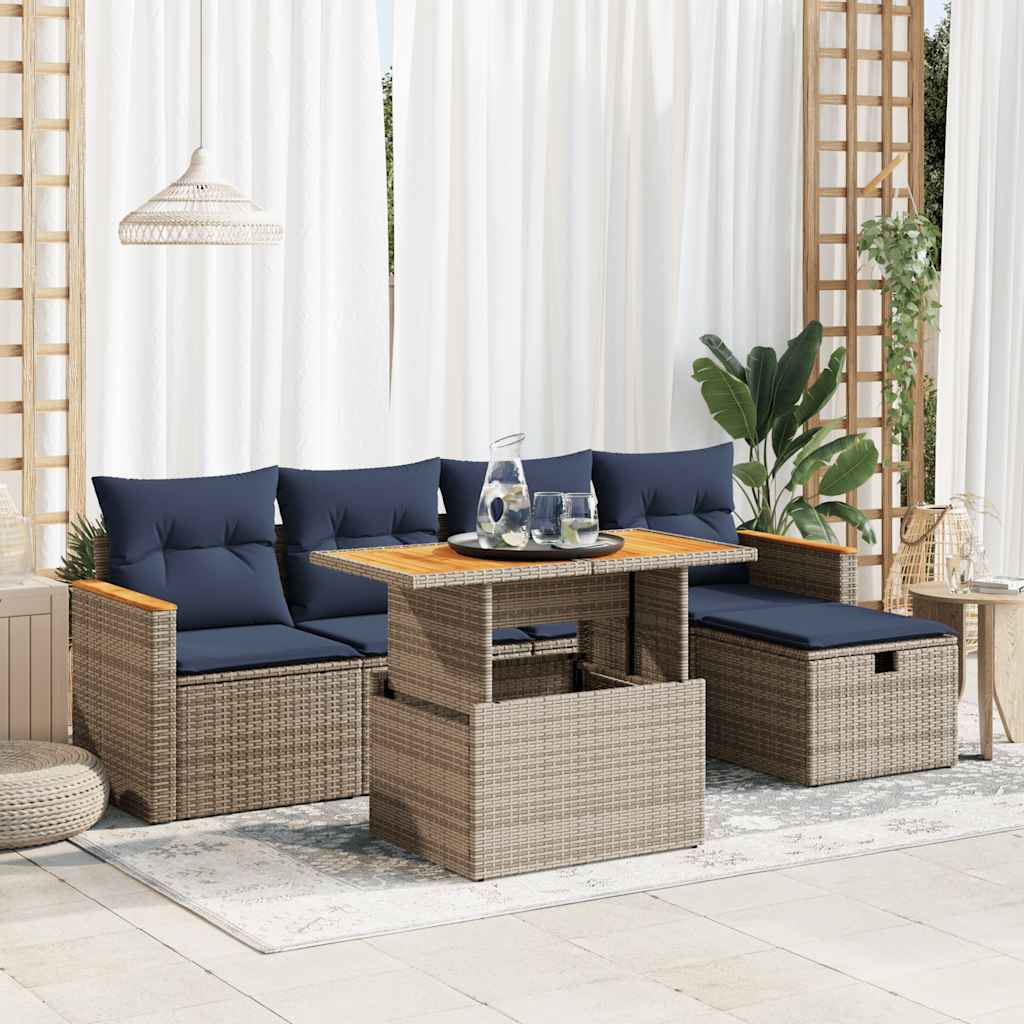 6-tlg. Garten-Sofagarnitur mit Kissen Grau Poly Rattan Akazie