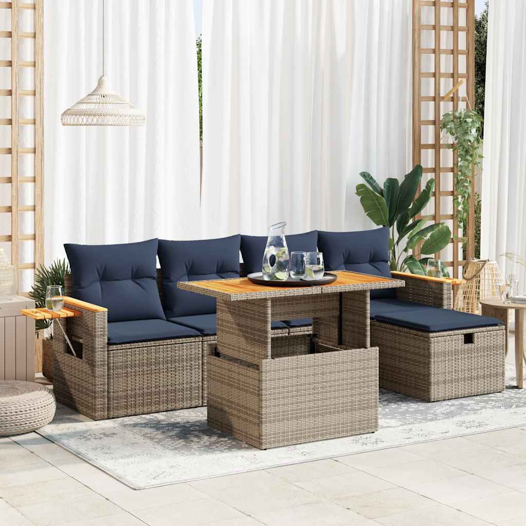 6-tlg. Garten-Sofagarnitur mit Kissen Grau Poly Rattan Akazie