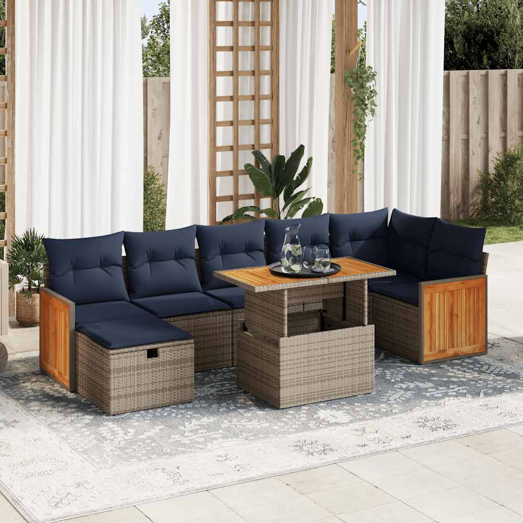 8-tlg. Garten-Sofagarnitur mit Kissen Grau Poly Rattan Akazie