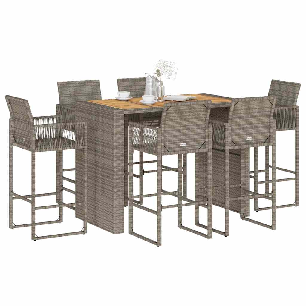 7-tlg. Gartenbar-Set ohne Kissen Grau Poly Rattan Akazie