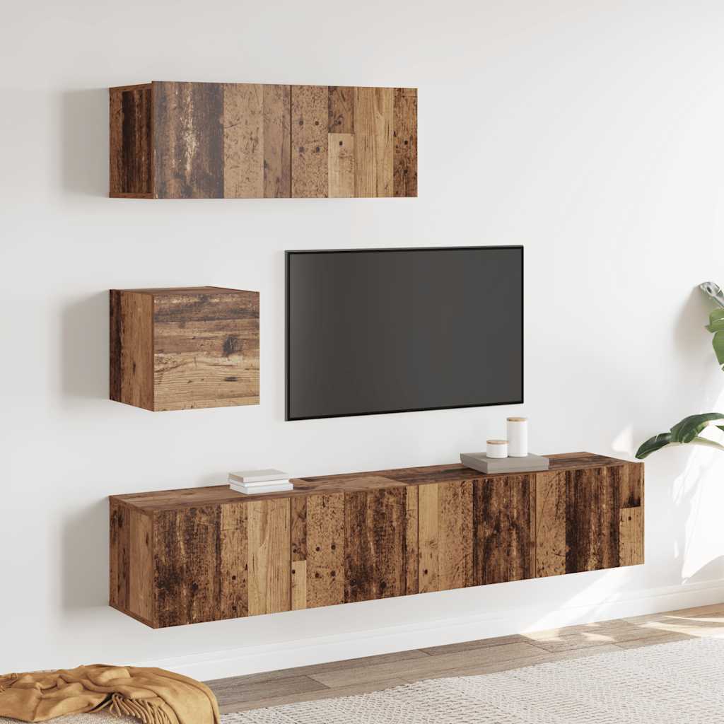 4-tlg. TV-Schrank-Set Wandmontage Altholz-Optik Holzwerkstoff