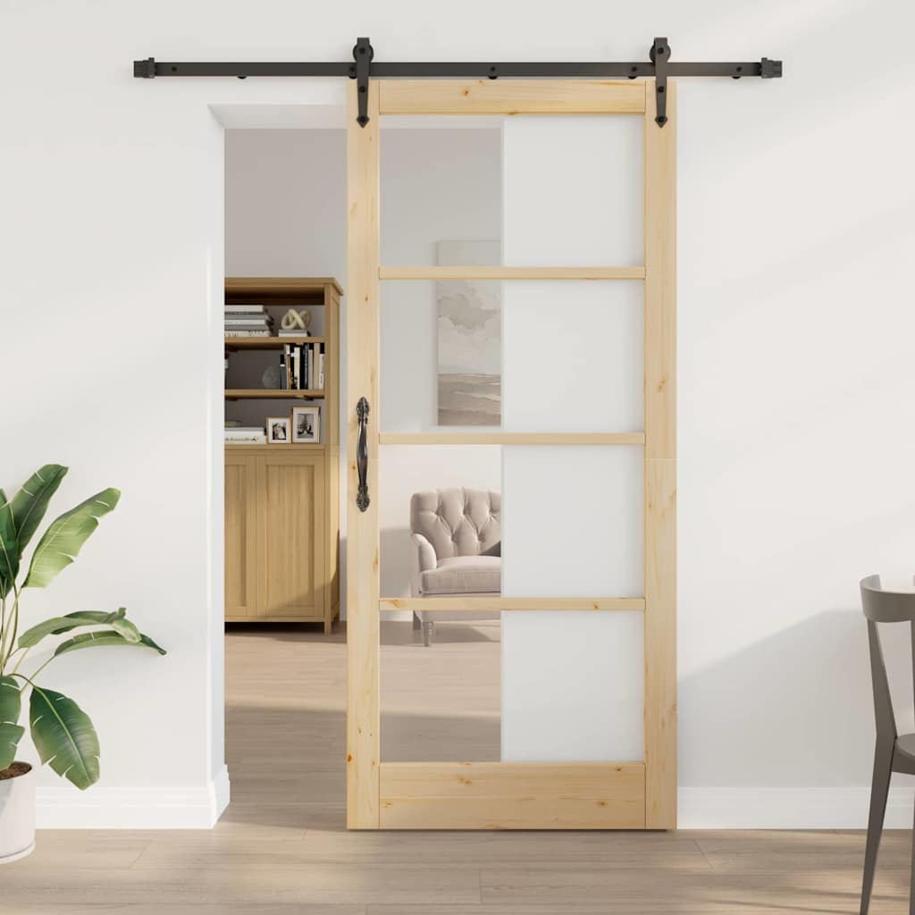 Schiebetür 93 x 211 cm Solid Pine Wood and Glass Natur