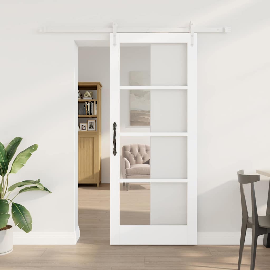 Schiebetür 83 x 202 cm Solid Pine Wood and Glass Weiß