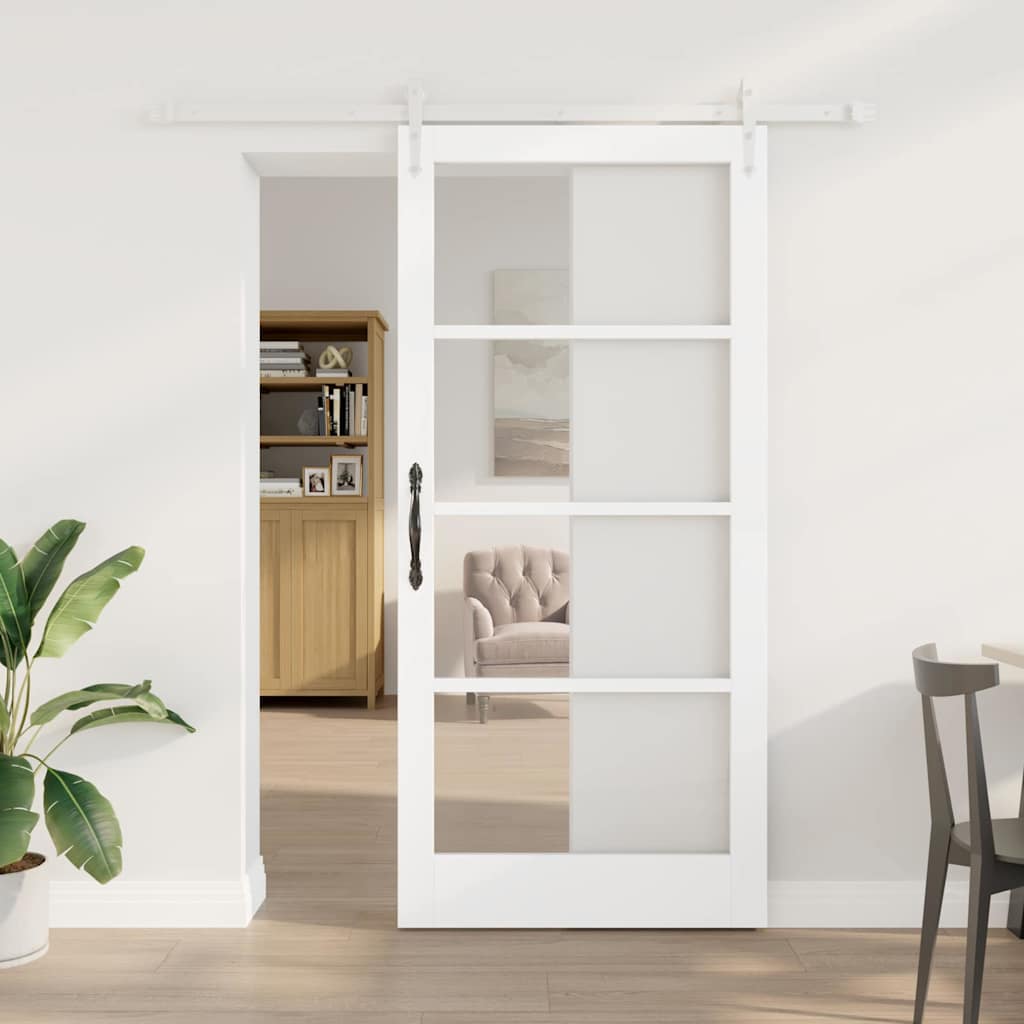 Schiebetür 93 x 202 cm Solid Pine Wood and Glass Weiß