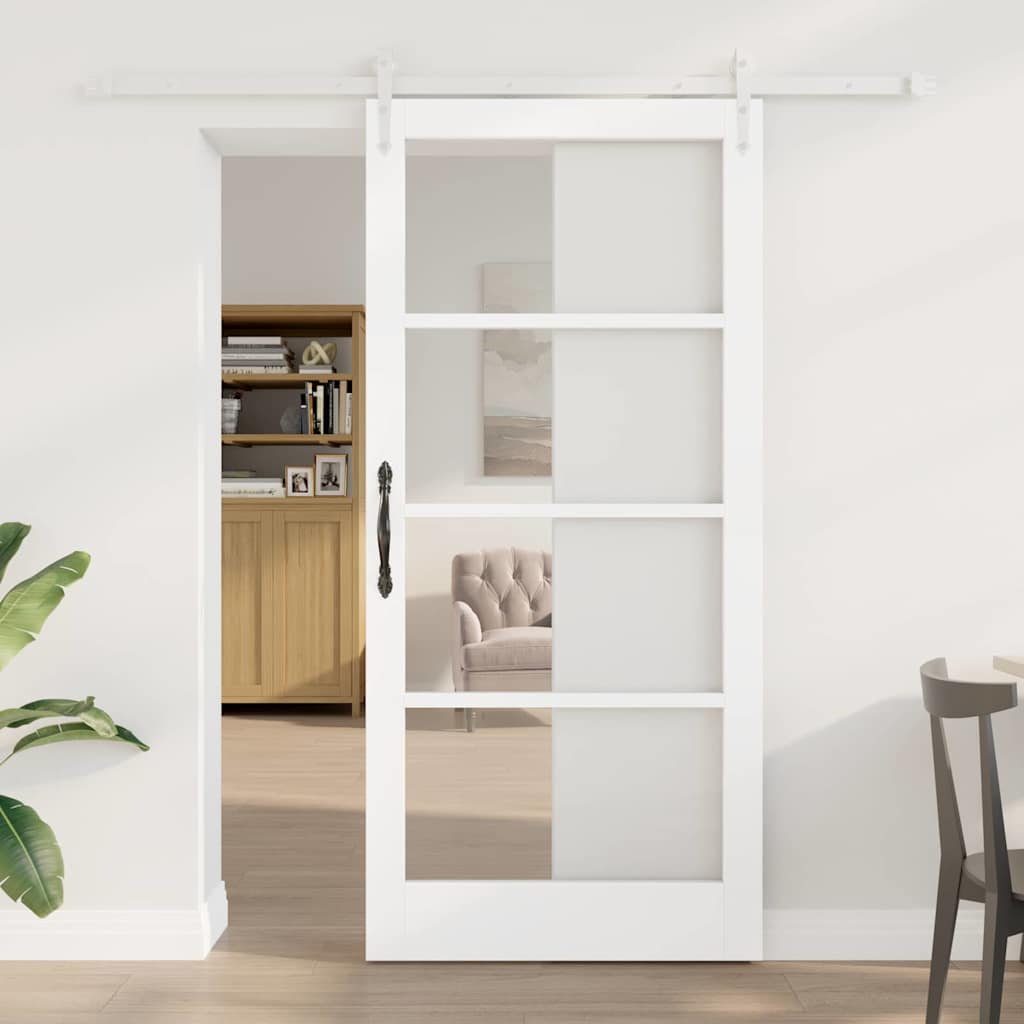 Schiebetür 93 x 202 cm Solid Pine Wood and Glass Weiß