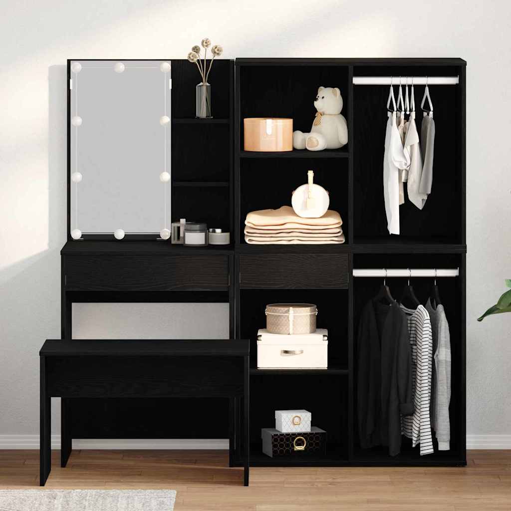 Schminktischset mit LED mit Regal 4 stk. Schwarz Eichen-Optik