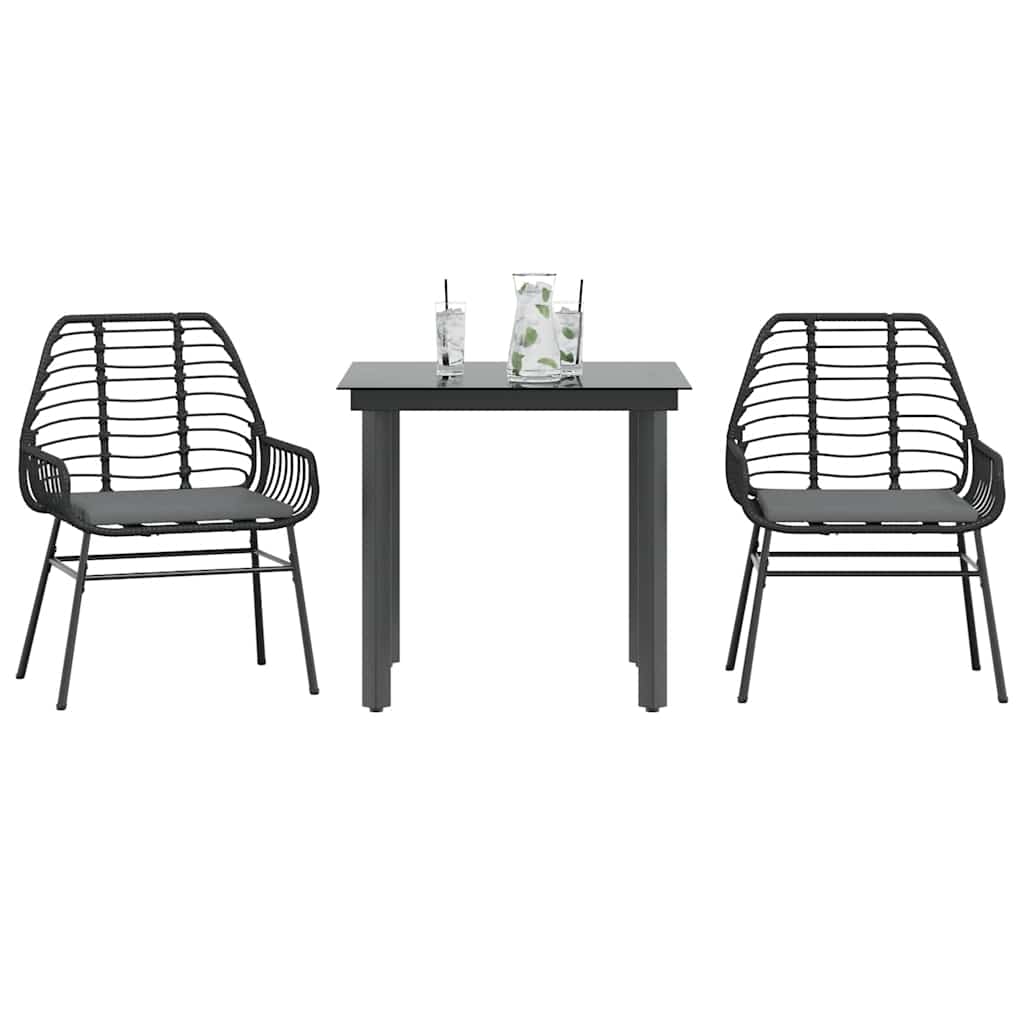 3-tlg. Garten-Essgruppe mit Kissen Schwarz Poly Rattan Glas
