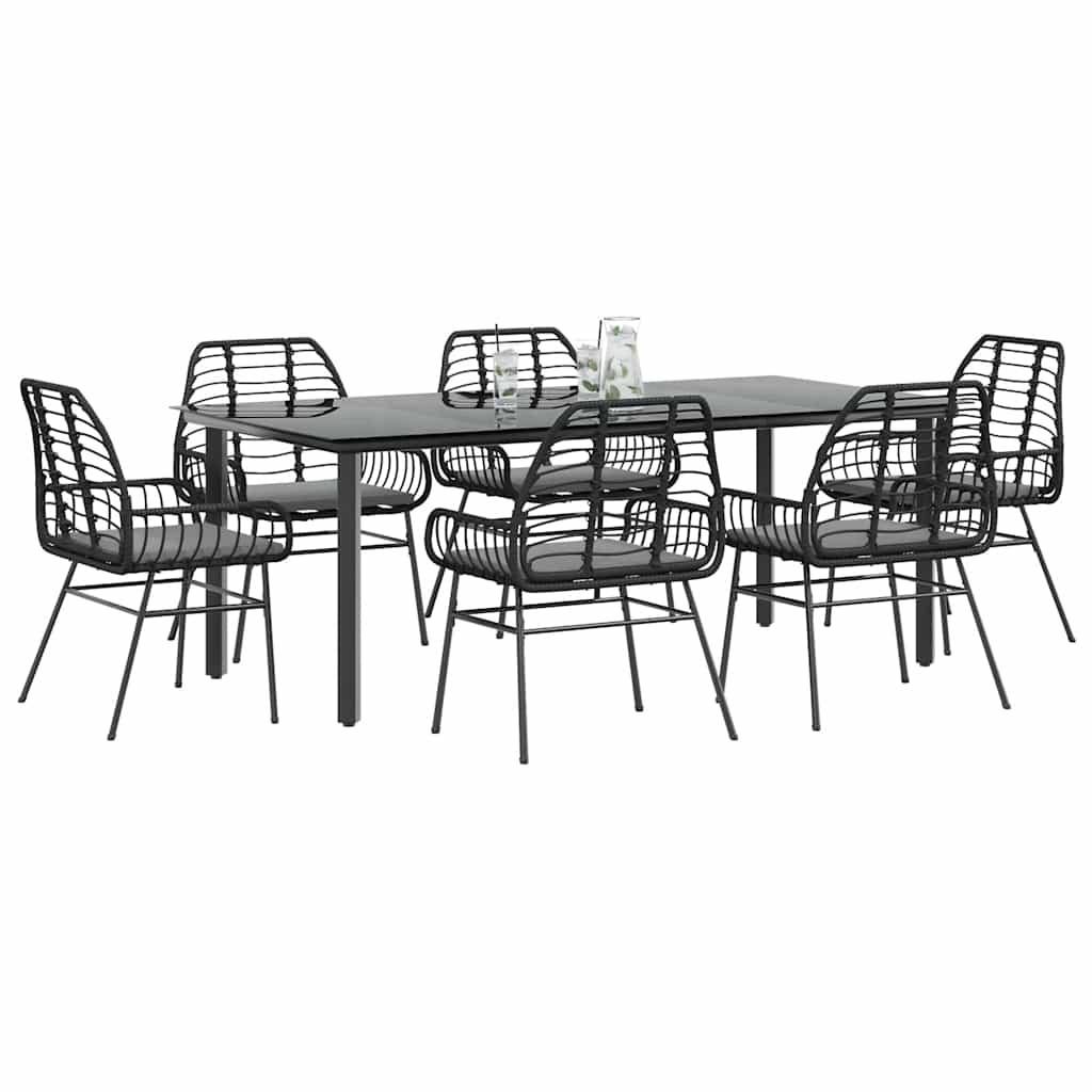 7-tlg. Garten-Essgruppe mit Kissen Schwarz Poly Rattan Glas