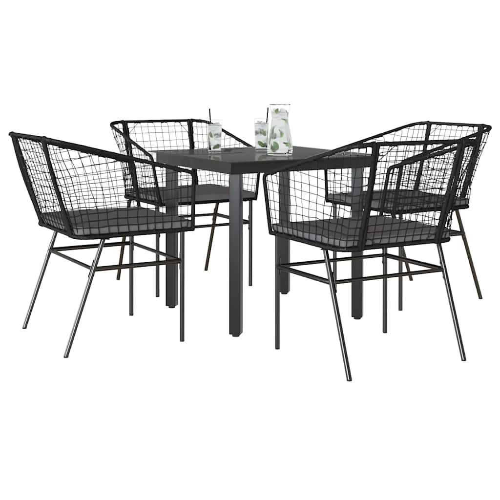 5-tlg. Garten-Essgruppe mit Kissen Schwarz Poly Rattan Glas