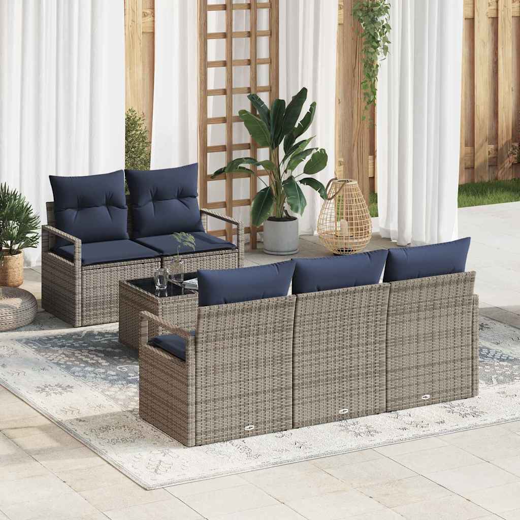 Sofa Set 6 Stk. 5-Sitzanzahl Grau und Marineblau Poly Rattan