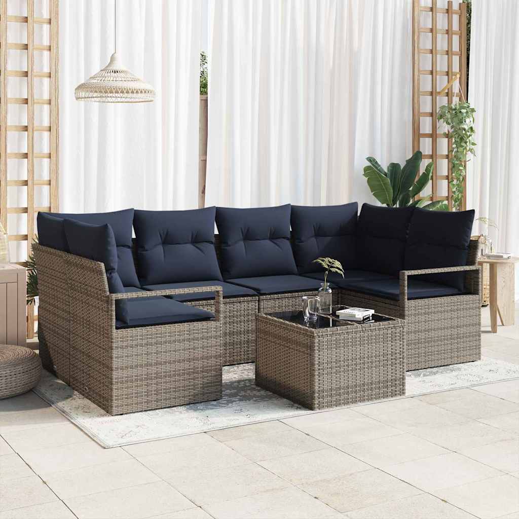 Sofa Set 7 Stk. 6-Sitzanzahl Grau und Blau Poly Rattan
