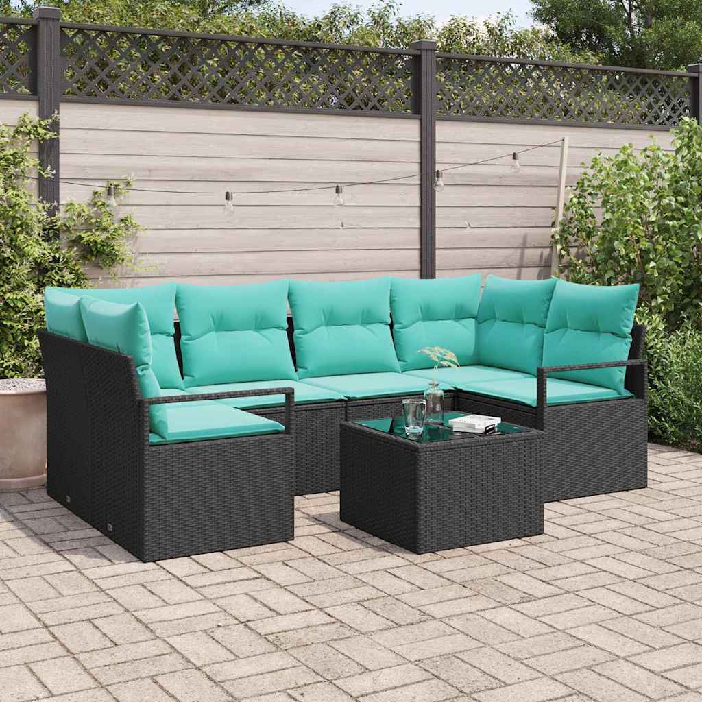 Sofa Set 7 Stk. 6-Sitzanzahl Schwarz und Blau Poly Rattan