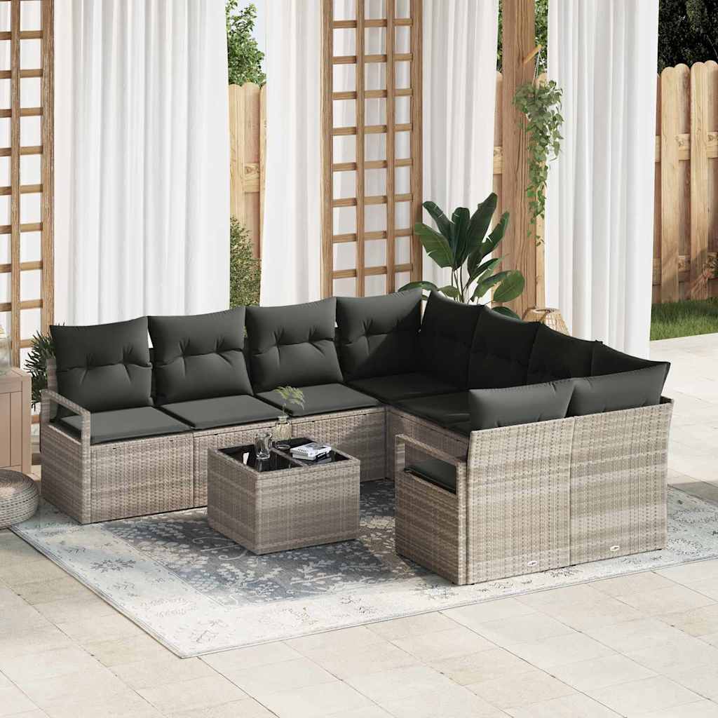 Sofa-Set 9 Stk. 8-Sitzanzahl Hellgrau und Schwarz Polyrattan