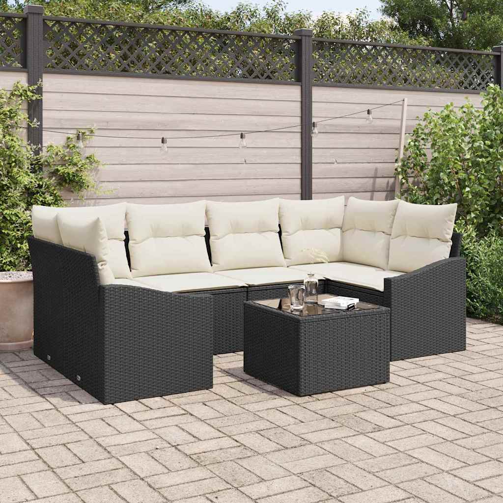 Sofa Set 7 stk. Schwarz und Creme [Synthetisch]: Poly Rattan