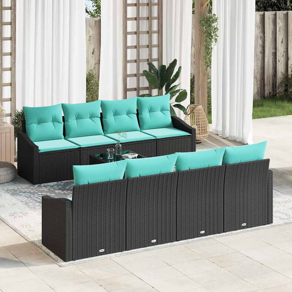 Sofa Set 9 stk. 3-Sitzanzahl Schwarz und Türkis Poly Rattan