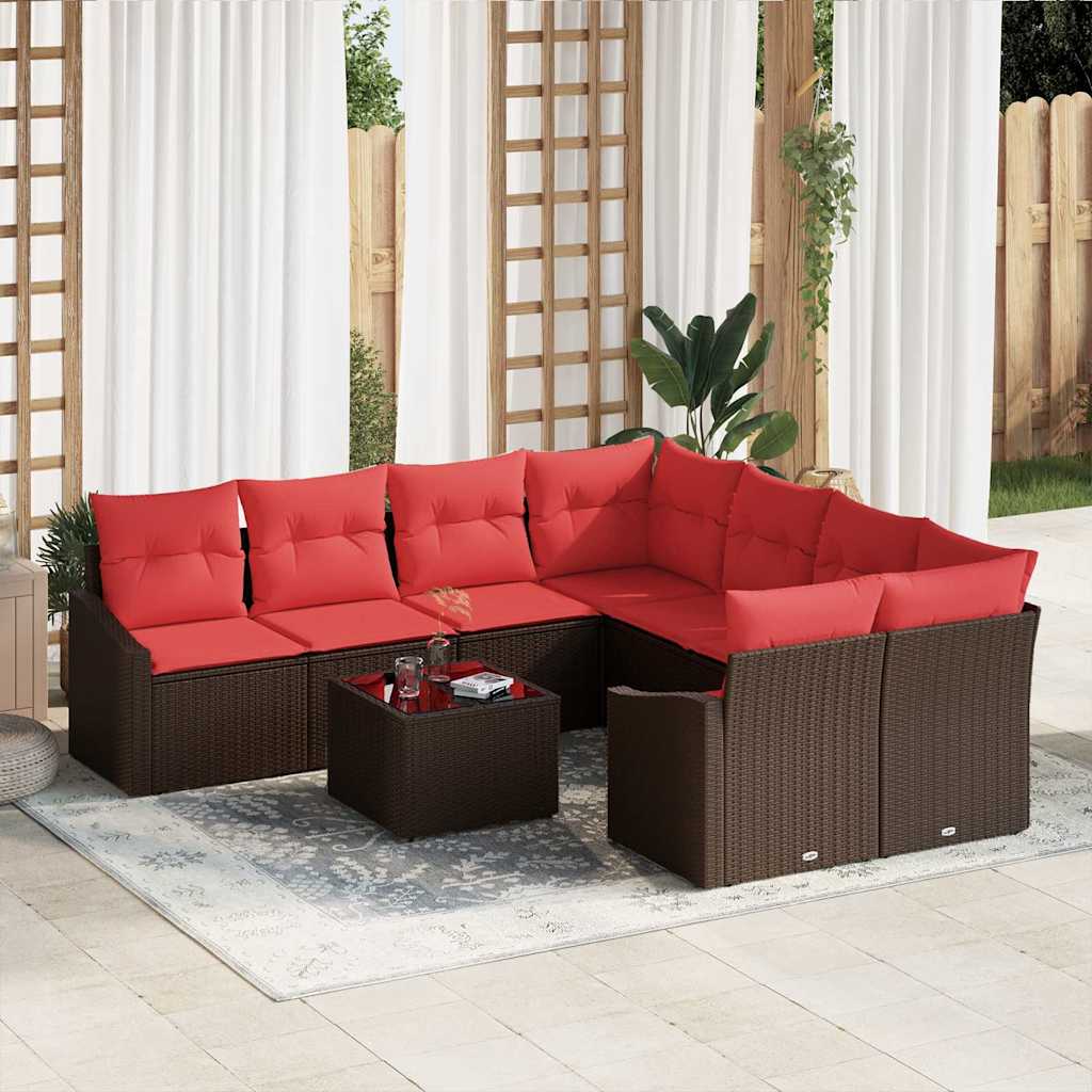 Sofa Set 9 stk. 3-Sitzanzahl Braun und Rot Poly Rattan