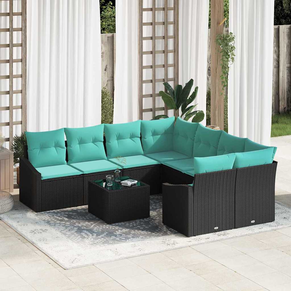 Sofa Set 9 stk. 3-Sitzanzahl Schwarz und Türkis Poly Rattan
