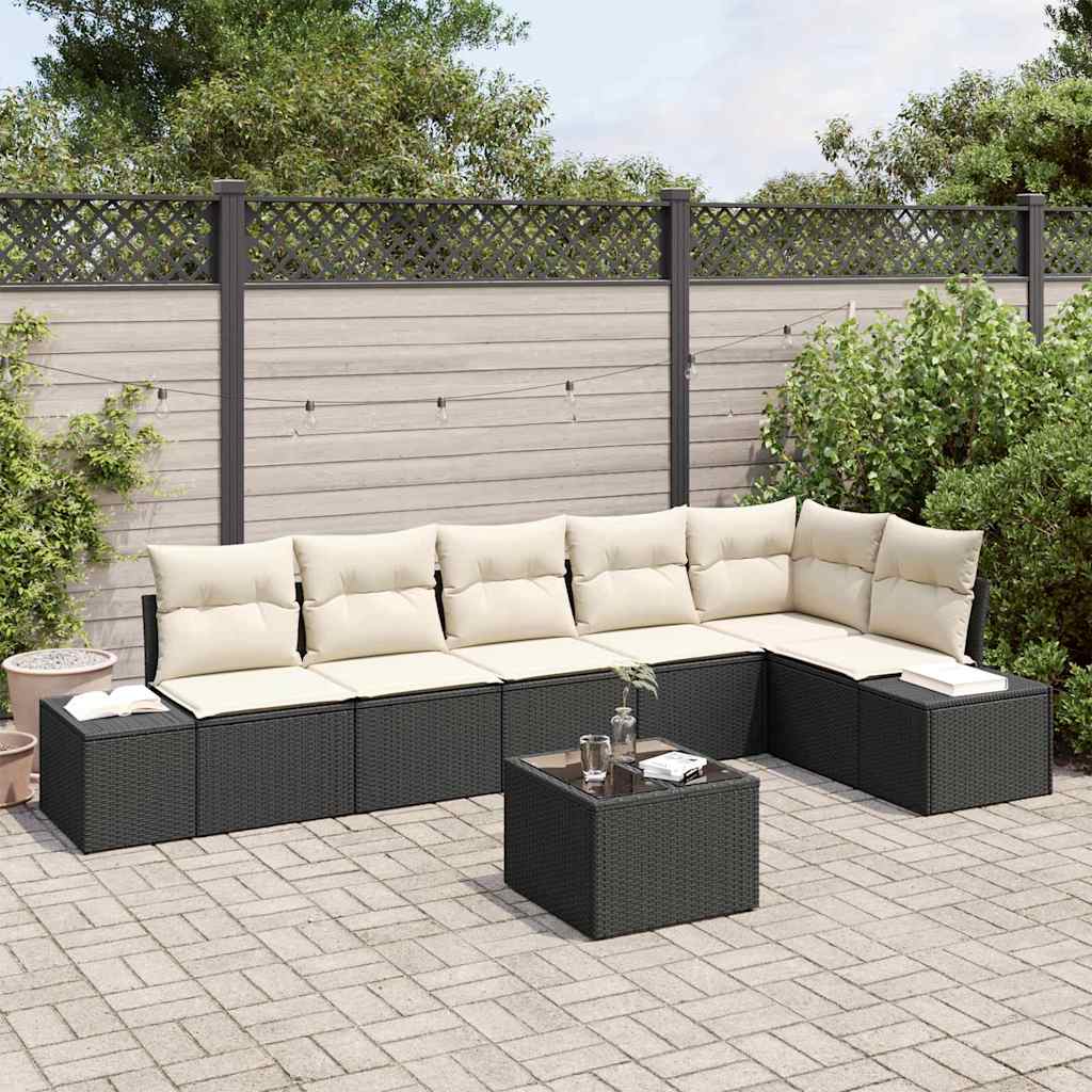 Gartensofa-set 7 stk. Schwarz und Creme Poly-Rattan