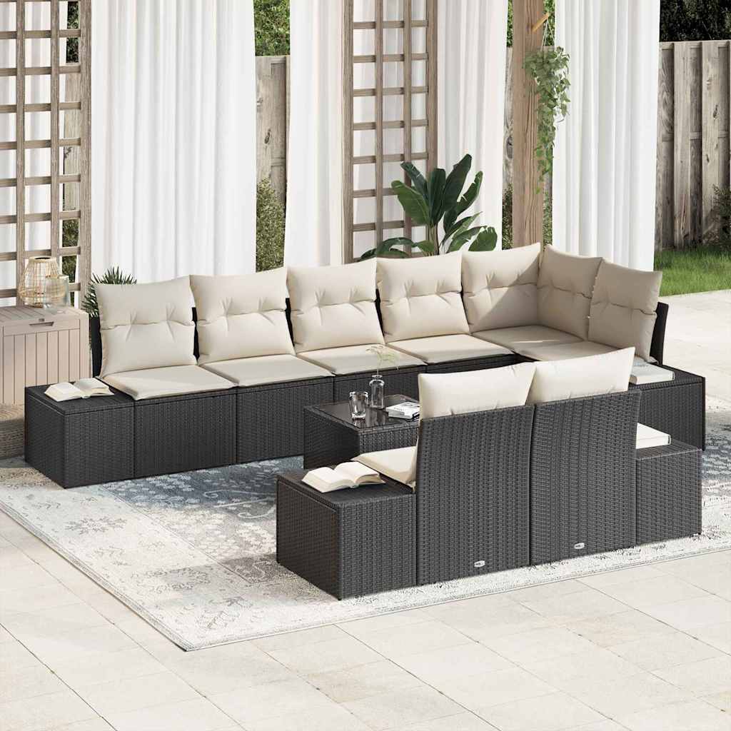 Gartensofa-set 9 stk. Schwarz und Creme Poly-Rattan