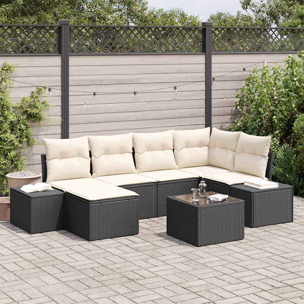 Gartensofa-set 7 stk. Schwarz und Creme Poly-Rattan