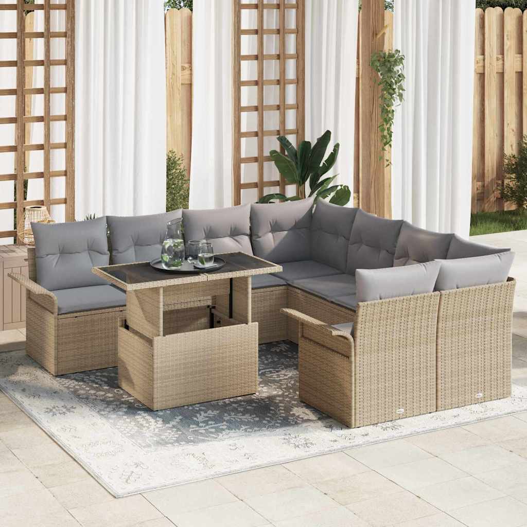 Gartensofa-set 9 stk. Beige Poly-Rattan