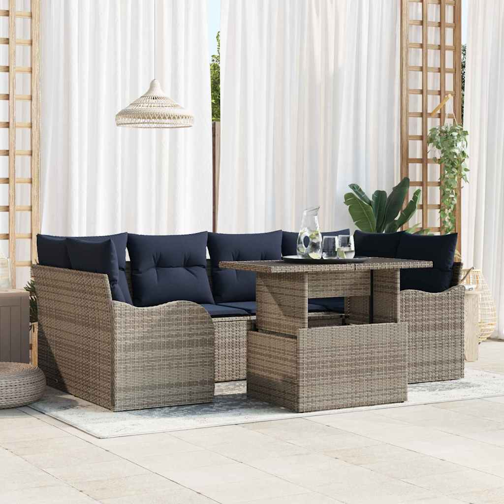 Gartensofa-set 7 stk. Grau und Marineblau Poly-Rattan