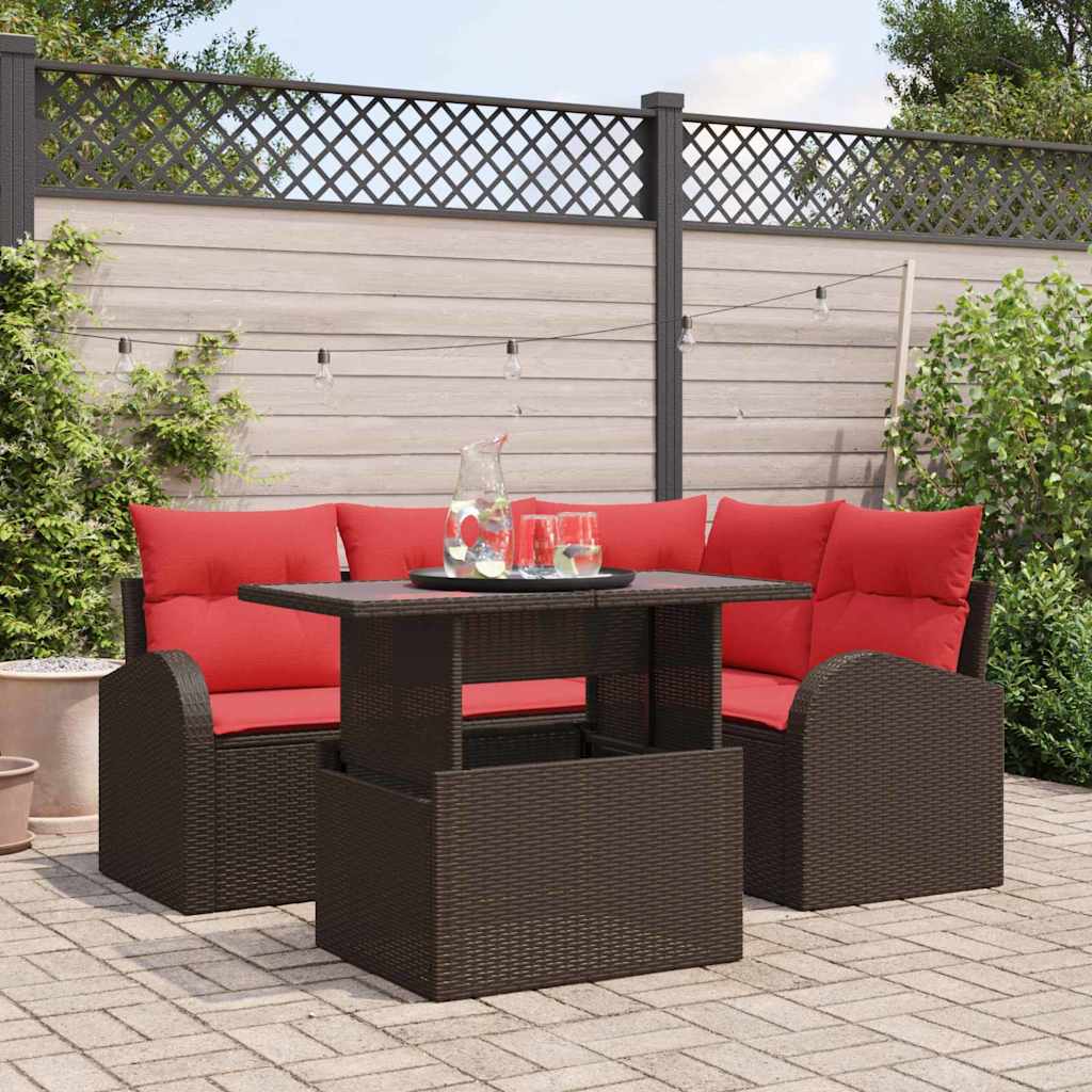 Gartensofa-set 5 Stk. 4-Sitzanzahl Braun und Rot Poly-Rattan