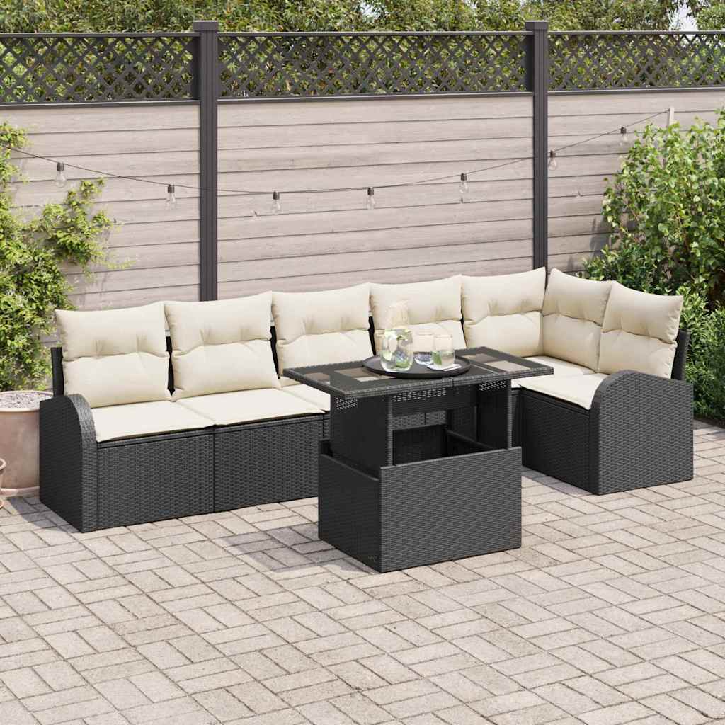 Gartensofa-set 7 stk. Schwarz und Creme Poly-Rattan