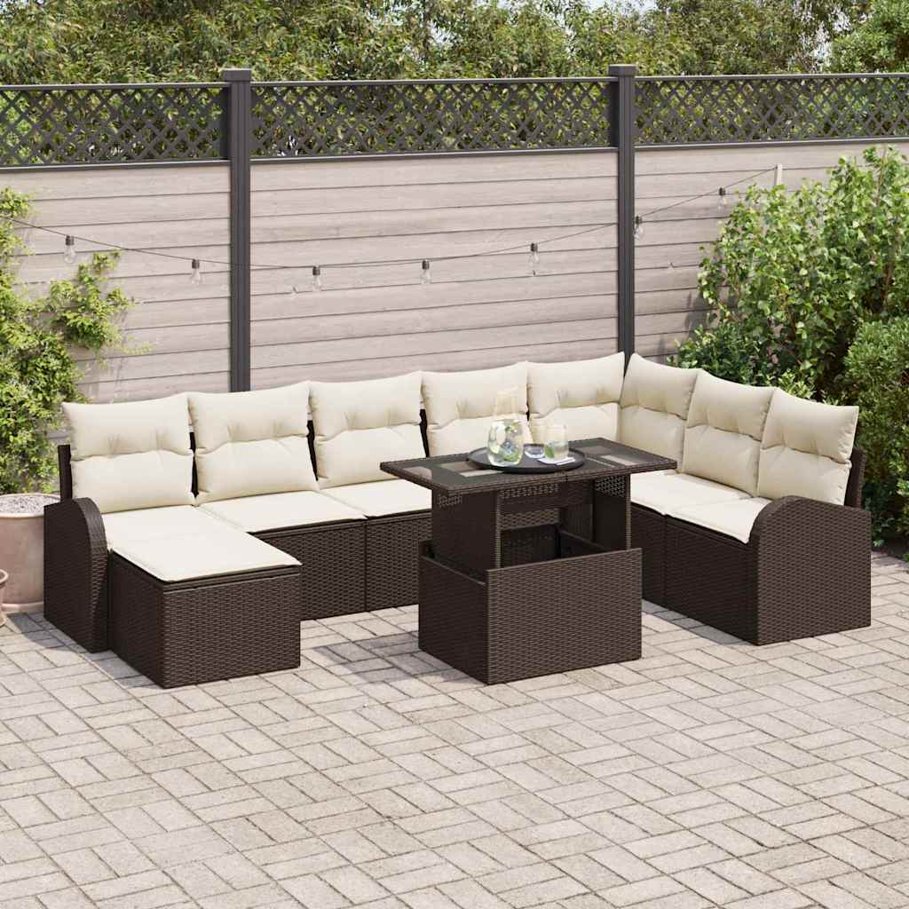 Gartensofa-set 9 stk. Braun und Creme Poly-Rattan