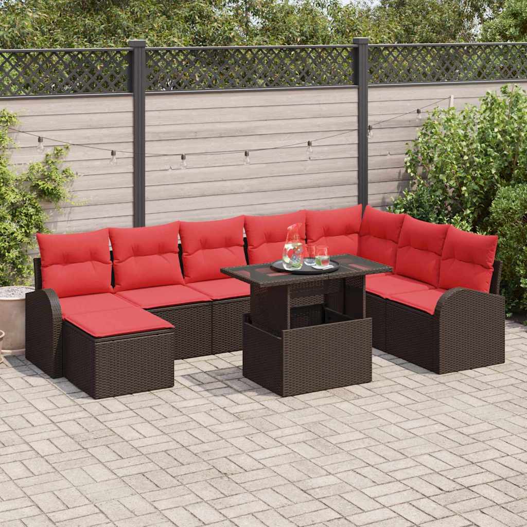 Gartensofa-set 9 stk. Braun und Rot Poly-Rattan