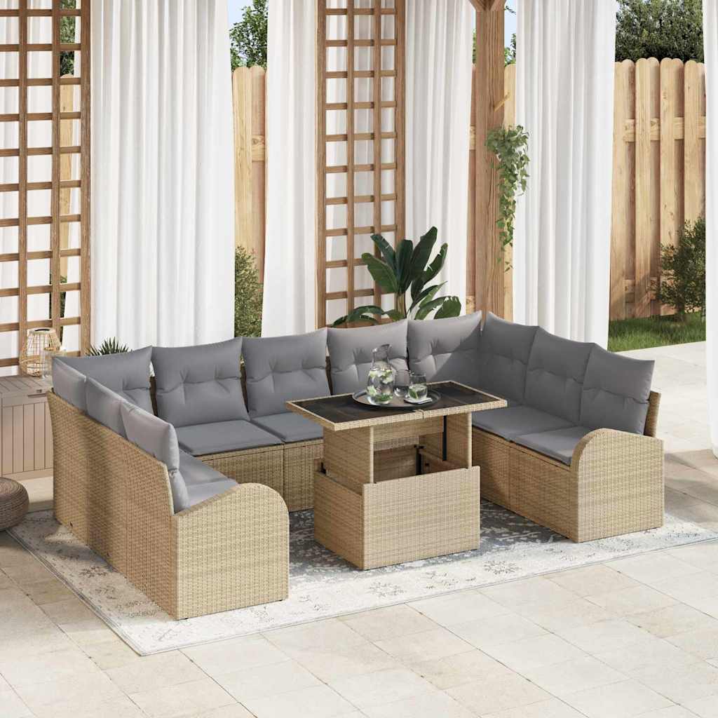 Gartensofa-set 10 stk. Beige und Hellgrau Poly-Rattan