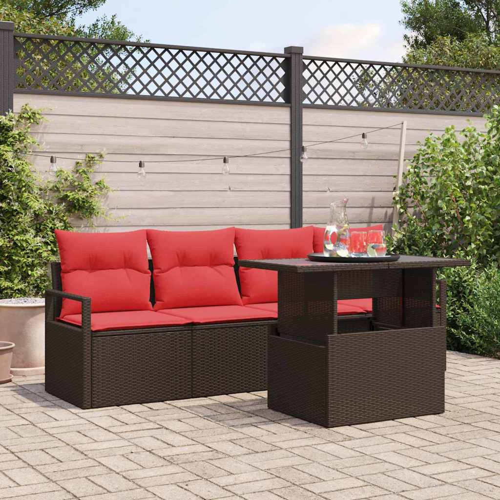 Gartensofa-set 5 Stk. 4-Sitzanzahl Braun und Rot Poly-Rattan