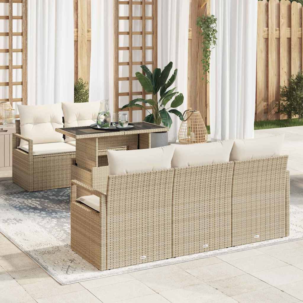 Gartensofa-set 6 Stk. 5-Sitzanzahl Beige und Creme Poly-Rattan