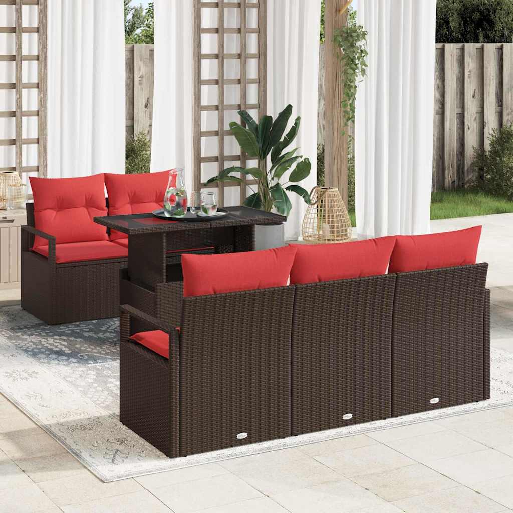 Gartensofa-set 6 stk. 5-Sitzanzahl Braun und Rot Poly-Rattan