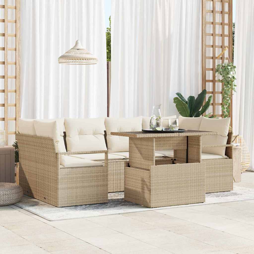 Gartensofa-set 7 Stk. 6-Sitzanzahl Beige Poly-Rattan