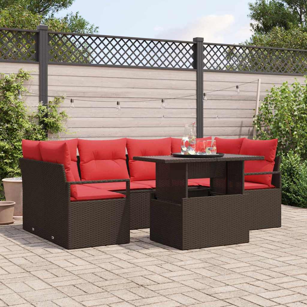 Gartensofa-set 7 Stk. 6-Sitzanzahl Braun und Rot Poly-Rattan