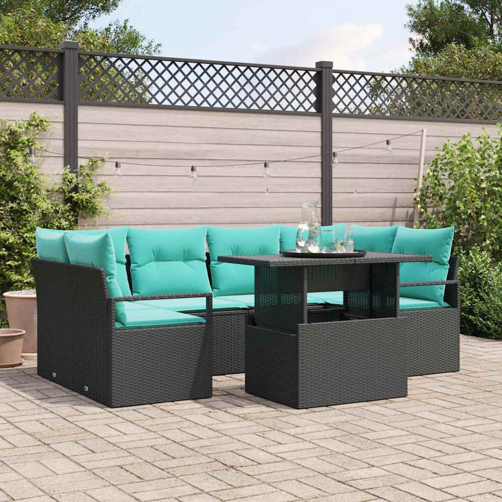 Gartensofa-set 7 Stk. 6-Sitzanzahl Schwarz und Blau Poly-Rattan