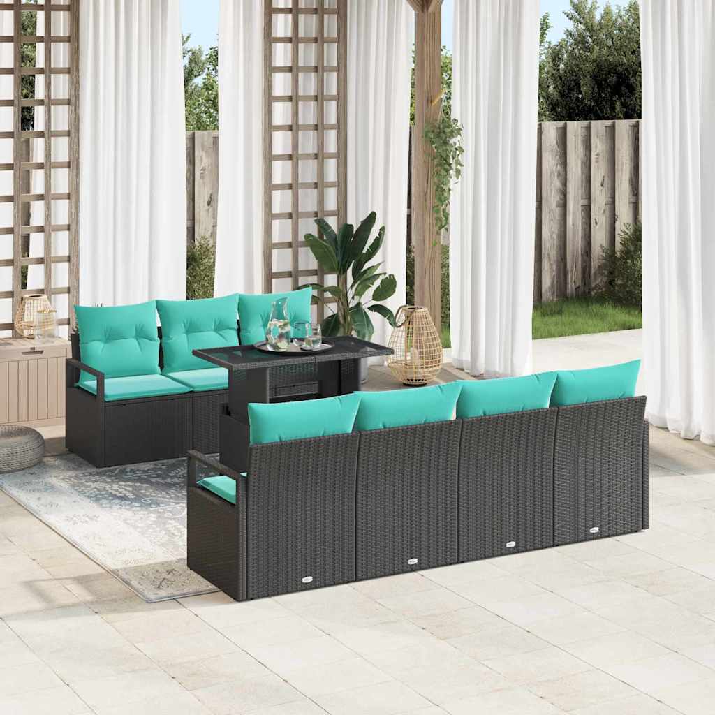 Gartensofa-set 8 Stk. 7-Sitzanzahl Schwarz und Blau Poly-Rattan