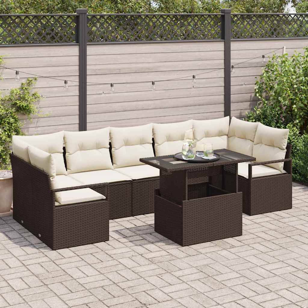Gartensofa-set 8 Stk. 7-Sitzanzahl Braun und Creme Poly-Rattan