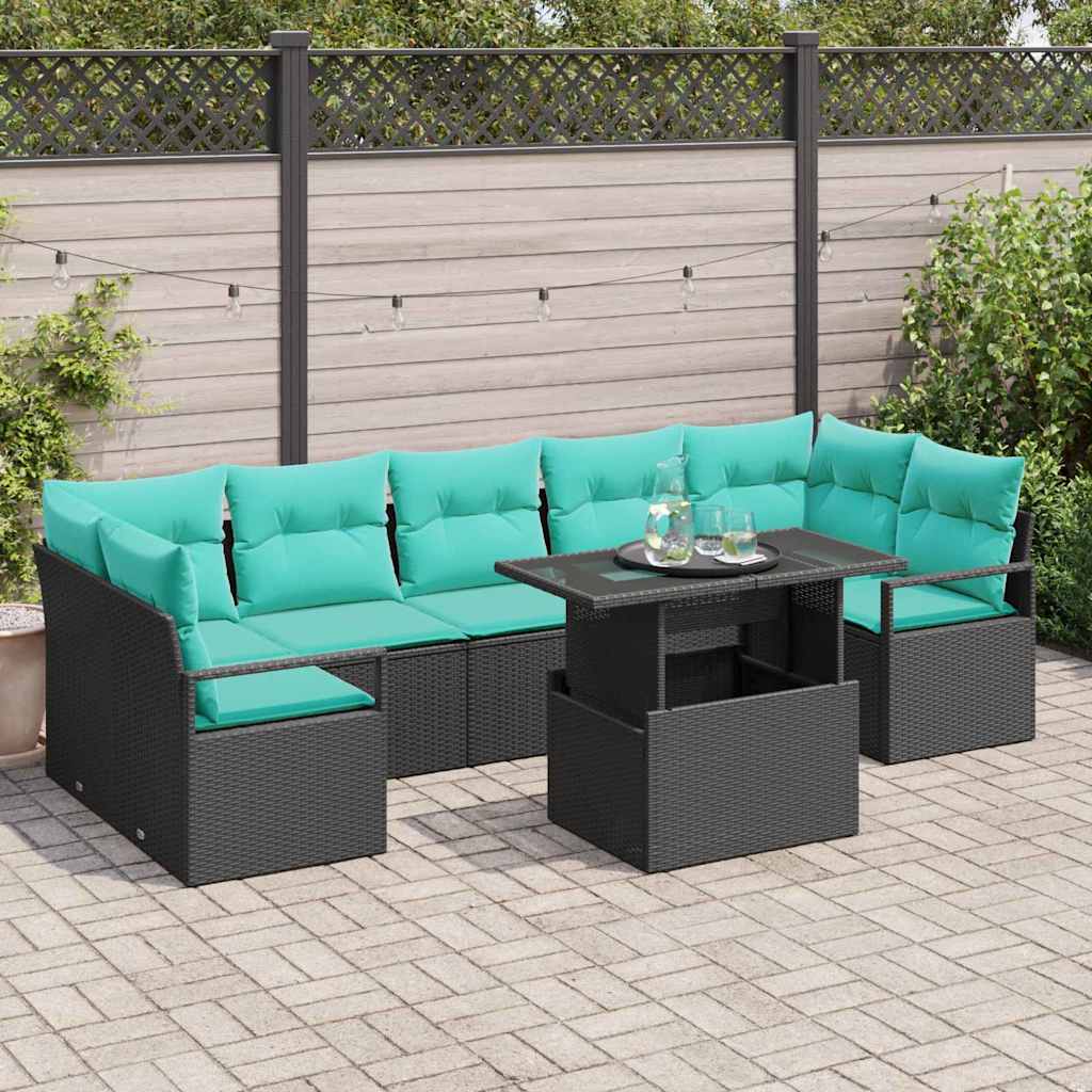Gartensofa-set 8 stk. 7-Sitzanzahl Schwarz und Blau Poly-Rattan